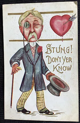 Monocle Postcard Valentine’s Day Man Top Hat Embossed Broken Heart Vintage • $3.30