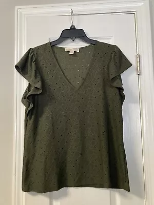 Women’s Michael Kors Solid Olive Green Short Sleeve Eyelet Blouse Size L • $14.99