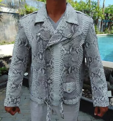 Mens White & Black Exotic Genuine Python Embossed Lambskin Leather Jacket • $167.16