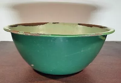 Vintage Mint Green/Dark Green Enamelware 12” X 4¾  Mixing Bowl Farmhouse Deco • $14.95