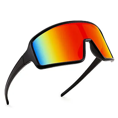 Reflective Shield Men Women's Cycling Sports Rainbow Color Black 80s Sunglasses • $15.99