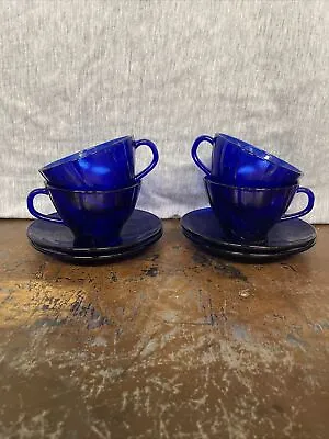 4 Sets Cobalt Blue Glass Duralex Vereco Swirl Rivage Cups & Saucers FRANCE • $36