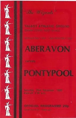 Aberavon v Pontypool  26 Nov 1983 RUGBY PROGRAMME • £4.99