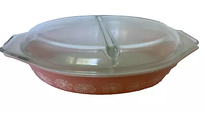 Vintage Pyrex Pink Daisy Divided Casserole Dish 1.5 Quart With Lid # 5042 • $69.95