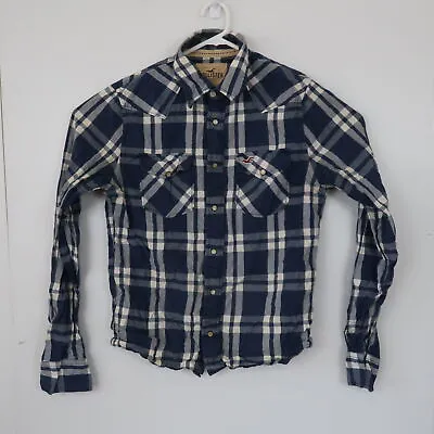 $20.98 • Buy Hollister Mens Shirt Size M Blue Pearl-Snap Checkered Long Sleeve Button-Up