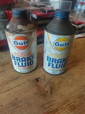 Lot Of 2 Vintage Gulf Brake Fluid Cans.. One Soldiered Seam Gas & Oil • $28