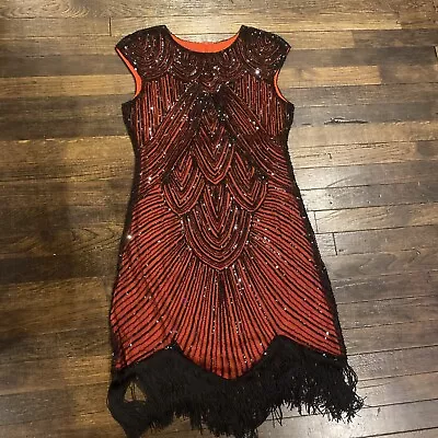 1920s Gatsby Inspired Sequin Beads Black Red Fringe Cocktail Flapper Dress LARGE • $24.98