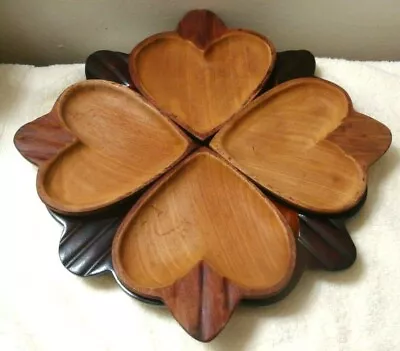 5pc Set Genuine Mahogany Wood 4 Heart Shaped Tray & Platter Perle Des Antilles  • $28.99