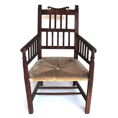Antique Irish Georgian Elm Rush Seat Spindleback Armchair C. 1820 • $950