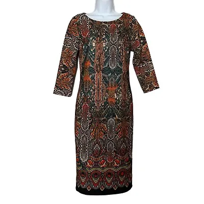 ECI NEW YORK Sheath Boho Multicolor 3/4 Sleeve Stretch Midi Side Zipper Size 4 • $32