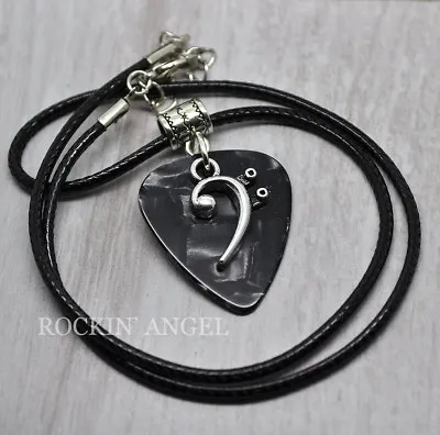 Guitar Pick &  Bass Clef Music Pendant Necklace Ladies Mens Gift Music Lover • £5.99
