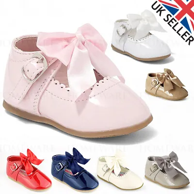 Spanish Bow Shoes Baby Girls Mary Jane Shiny Patent Shoes Red White Pink Uk2 Uk7 • £15.99