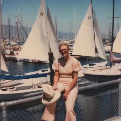Vintage Polaroid Photo Cute Lady Holding Hat Sailboats Sky Found Art Snapshot • $12.95