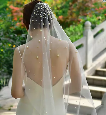 £21.96 • Buy Women White Ivory Bride Head Hair Crystal Pearl Lace Tulle Simple Wedding Veil