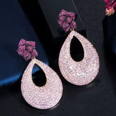 Fancy Micro Pave Red Pink Cubic Zirconia Long Rose Flower Drop Wedding Earrings • $42