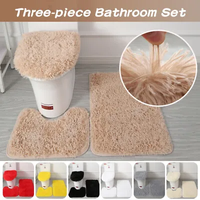  Non Slip Solid Plush Bath Rug Contour Mat Toilet Lid Cover Bathroom Set 3Pcs • $32.04