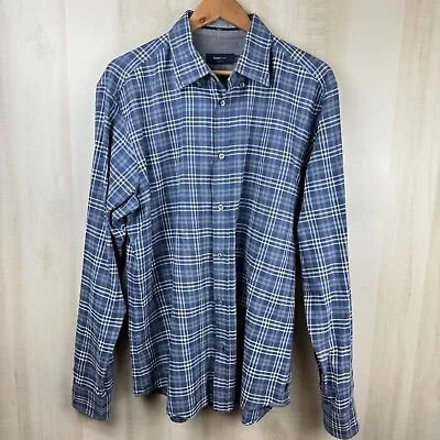 Zegna Sport Mens Long Sleeve Blue Plaid Shirt Size Slim XXL Contrast Flip Cuff • $36