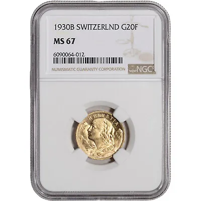 $806.49 • Buy 1930 B Switzerland Gold 20 Francs - NGC MS67