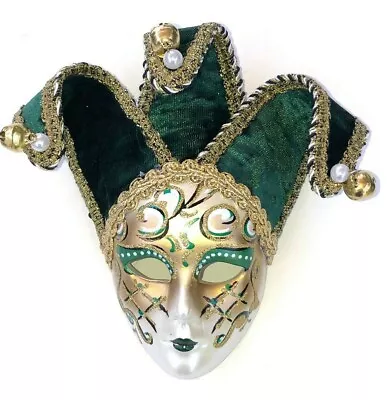 GREEN GOLD CERAMIC MINIATURE JESTER VENETIAN MASQUERADE MASK Made In ITALY • $48.95