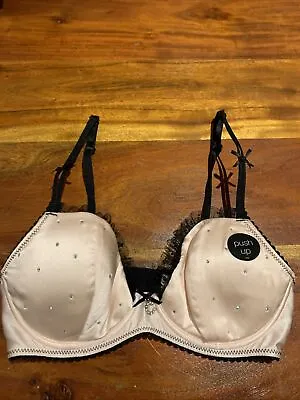 M&S Ceriso Pink Padded Underwire Push Up 30D W/ Black Lace Black Bows Sparkles • £10