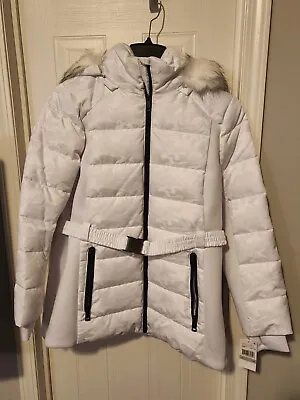 NWT Michael Kors Puffer Jacket Detachable Hood/Belt Camo White Faux Fur Trim XL • $60.99