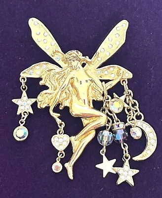 Vintage Kirks Folly Fairy Angel Moon & Stars Gold Tone W/ Crystals DANGLE Brooch • $45