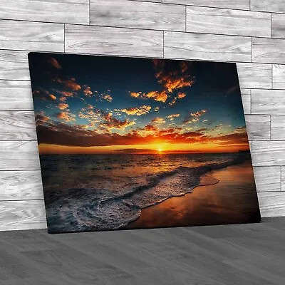 Sunset At Ocean And Beach  Canvas Print Large Picture Wall Art • £18.95