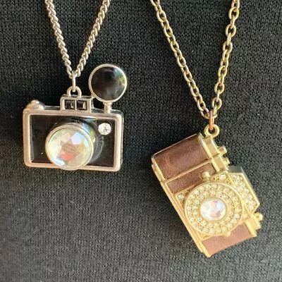 2 Vintage Antique Cameras Novelty Pendant Necklaces Rhinestone 32  • $18