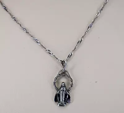 Sterling Silver 925 Miraculous Medal Mother Mary Pendant 18  Twisted Cable Chain • $1.25