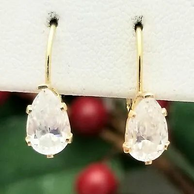 14K Pear Cut Cubic Zirconia Drop Earrings-Yellow Gold-Lever Back-Vintage 1.5TCW • $249