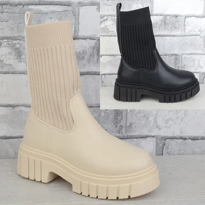 £21.99 • Buy Ladies Womens Flat Chunky Platform Sole Chelsea Slip On Sock Ankle Boots Shoes