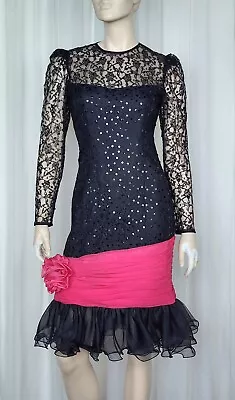 Vintage 80s Black Lace Sequin Pink Sash Ruffle Hem Cocktail Prom Party Dress S • $98.36