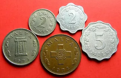 Lot Of Vintage 1972 Malta Coins 2 & 5 Mils 1 2 & 5 Cents - All Dated 1972  • $14.49