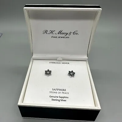 R. H. Macy & Co Earrings Blue Sapphire Sterling Silver Studs Floral Fine Jewelry • $59.49