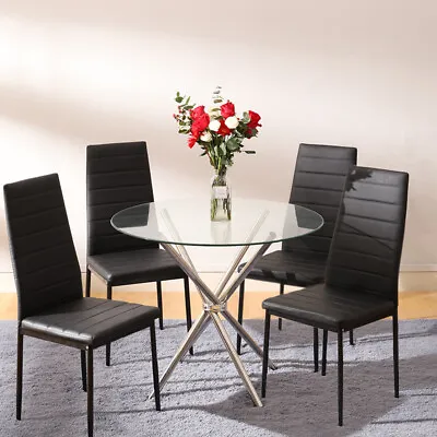 Modern Clear Round Glass Dining Table Set And High Back Chairs 2-4 Seater Bistro • £49.95