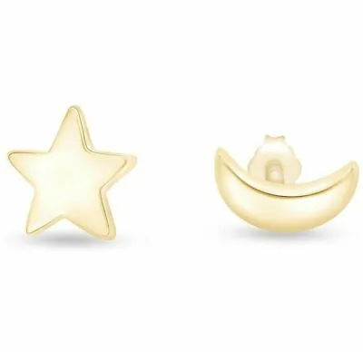 $8.95 • Buy Tiny Asymmetry Symbol Moon Star Stud Earrings 14K Gold Over Sterling Silver Box
