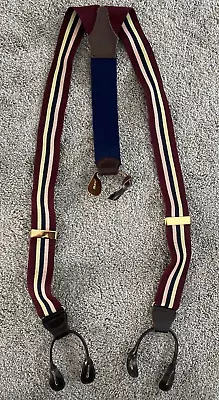 Vintage Suspenders - Leather Loops W/ Brass Adjusters Maroon Blue Yellow Stripes • $24.99