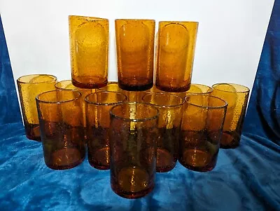 2 Mexican Glass Tumblers Amber Bubbles Hand Blown Artland 17 Oz. Tall And Heavy • $15