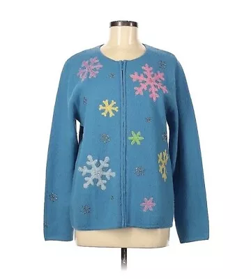 Quacker Factory Winter Snowflake Colorful Zip Jacket Cardigan Winter Blue  • $15