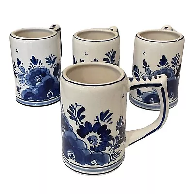 Vintage Delfts Blue Coffee Mug Stein Blue White Floral Hand Painted - Set Of 4 • $24.95