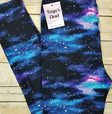 Blue Space Galaxy Print Leggings Galaxy Outer Space Night Sky OS ONE SIZE  • $14.95