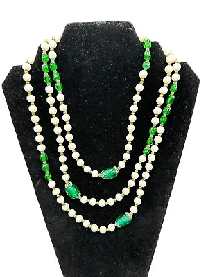 VTG Coro Gripoix Glass Green Foil Bead Necklace 61  Flapper Long Length Signed • $60