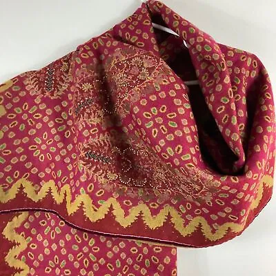 Womens Bajra Merino Wool Scarf Shawl Wrap Handmade Nepal Red Gold Sequins • $212.50