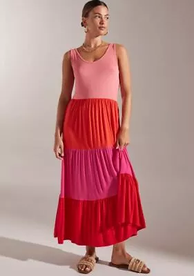 * Matalan BNWT Pink Red  Tiered Colour Block Midi Dress (B388) • £16.99