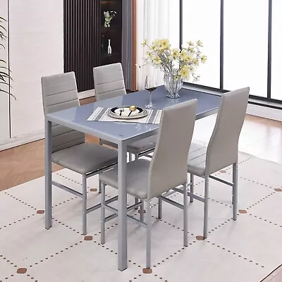 Grey Marble Tempered Glass Dining Table & 4x Grey Faux Leather Dining Chairs Set • £169.99