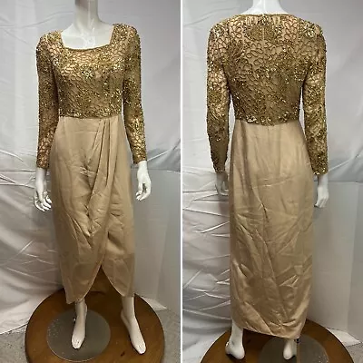 Alyce Designs Womens 8 Gold Beaded Sequin Tan 100% Silk Tulip Dress Vintage Gown • $99