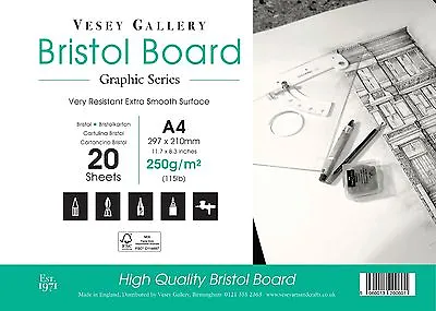 Bristol Board 250gms Flat White Card Pad. A4 To A2 Made In UK By Vesey Gallery • £9.22