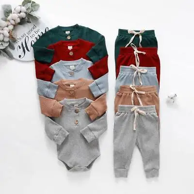 £7.99 • Buy Newborn Baby Boys Girls Outfits Long Sleeve Ribbed Romper Tops Pants Clothes