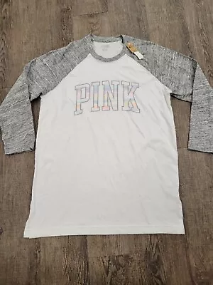 VS Victoria's Secret PINK White Campus Baseball Tee Rainbow Iridescent Shirt S • $42.81