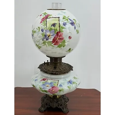 Antique Victorian White Milk Glass Gone With The Wind Lamp Hand Painted Flowers • $795